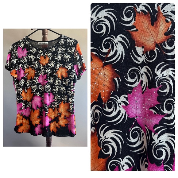 Tops - Y2k Pink Berry Mesh Top Autumn Leaves Swirls Gems